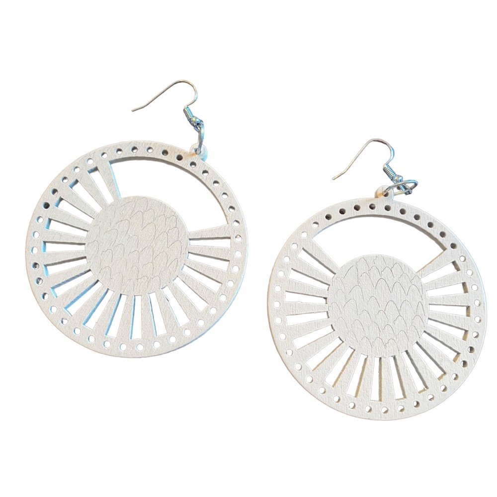Boho Cutout Wood Cream Round Drop Earrings